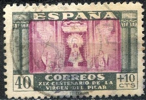z vendido ESPAÑA 1939 893 Sello XIX Centenario de la Venida de la Virgen del Pilar a Zaragoza Camarin de Ntra. Señora 40+10c Verde y Lila 